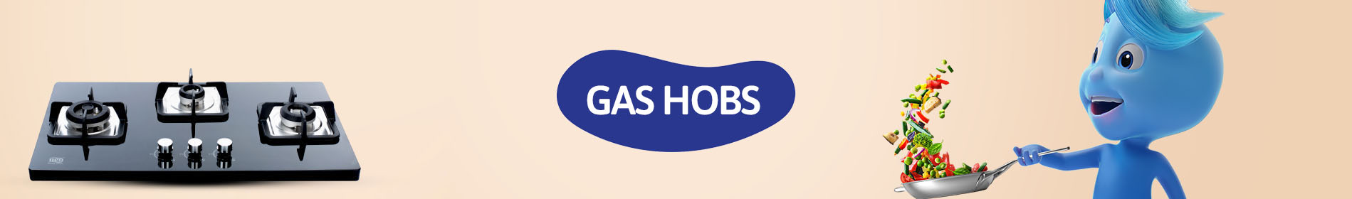 image showing text gas hobs on middle wrapped by irregular shape oval ,lavie tablet on left side and mascot cooking on right side