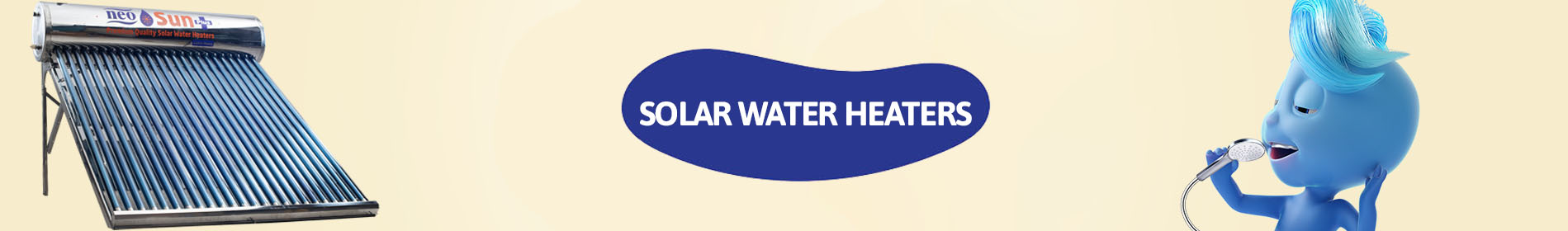 image showing text solar water heaters on middle wrapped by irregular shape oval ,neo sun plus on left side and mascot singing on right side