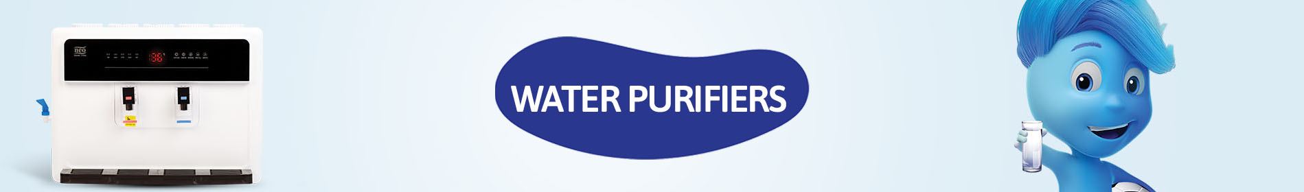 image showing neo smart water purifier on left side,mascot holding bottle of water in right side ,with text water purifiers on centre