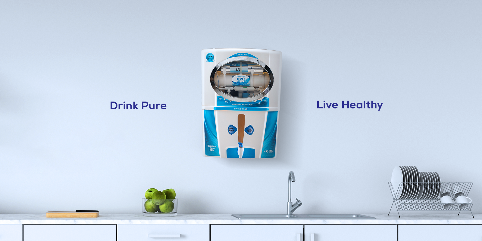 image of spring plus water purifier hanging on the wall of kitchen