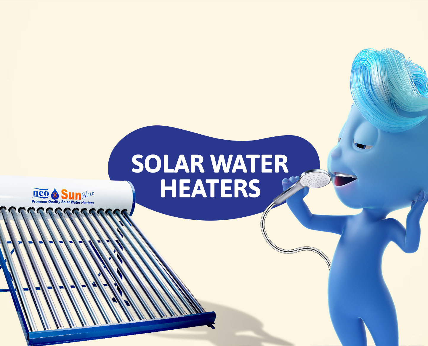 image showing text solar water heaters on middle wrapped by irregular shape oval ,neo sun plus on left side and mascot singing on right side